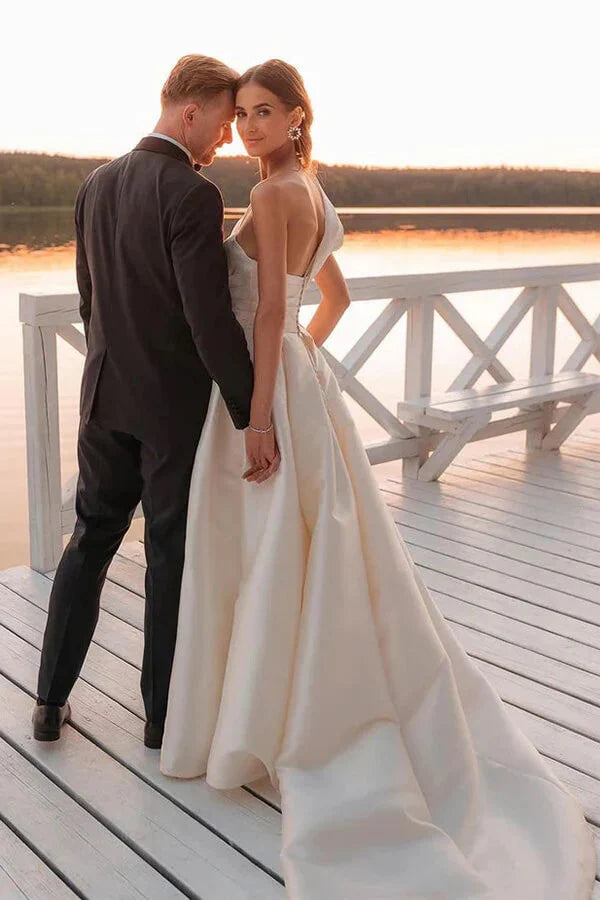 Vintage Wedding Dress One Shoulder Bridal Gown With Court Train